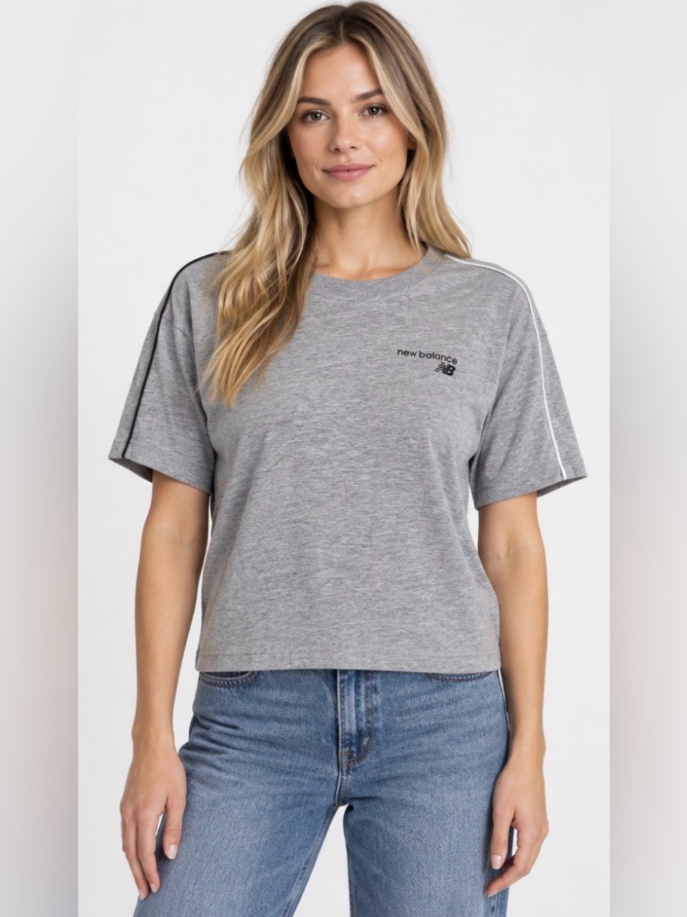 New Balance Gray Cropped Logo Tee XS Contrast Shoulder Stripe Short Sleeve Top